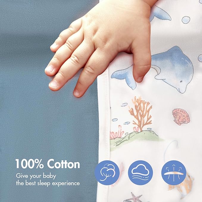 2-Pack Baby Transitional Swaddle Sleep Sack - Arms Up Swaddle 6-9 Months for Baby Boys, Newborn Sacks with Cuff Removable & 2-Way Zipper, Blue Dolphin Cotton Sleep Sack