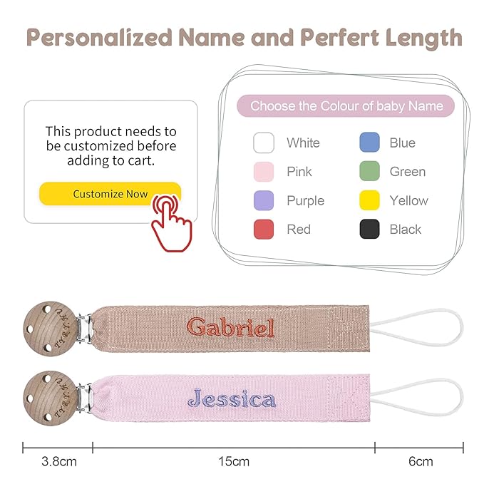TYRY.HU Personalized Pacifier Clip with Name, Embroidery Pacifier Holder for Baby Girls and Boys, Neutral Binky Clips Universally Fit All Pacifiers & Baby Toys, Baby Gift, 2 Pack(Pink, Khaki)