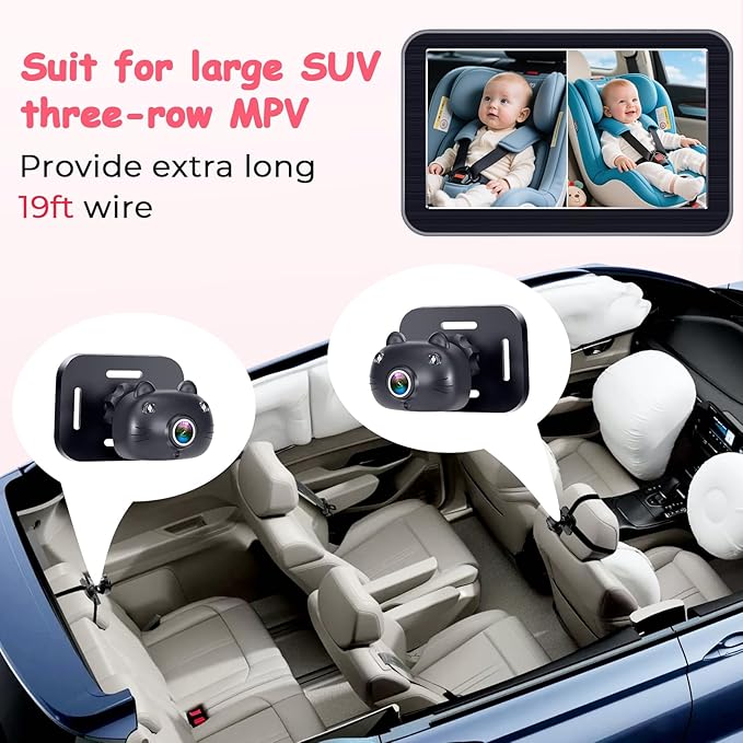 2-Kids Baby Car Camera Recording: HD 1080P Dual Backseat Cameras with 7” Split-Screen Display - Night Vision, 360° Rotation, Easy Installion for Twins & Siblings