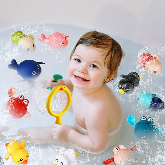 Bath Toys Sets Include 12 Pcs Wind up Floating Toys with 2 Pcs Duck Shape Fishing Net, Swimming Pool Games Bathtub Shower Toy, Turtle Whale Duck Crab for Boys Girls Funny Gifts