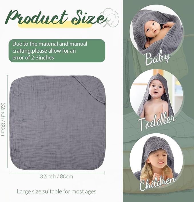VitalCozy 6 Pcs Baby Muslin Hooded Bath Towels and Washcloths, 32 x 32 Inch Muslin Cotton Hooded Baby Towels Absorbent Blankets for Gift Newborn Infant Shower(Green, Gray)