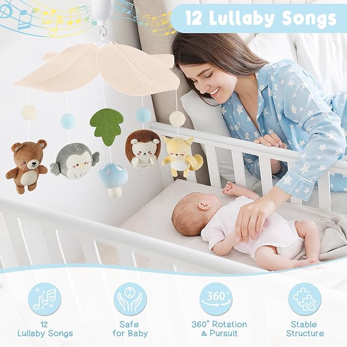 Woodland Crib Mobile – Animals Baby Mobile for Crib with Upgraded 3-Mode Music Box, Blue Nursery Mobiles for Boys & Girls, Fits Standard Cribs, Forest Nursery Decor