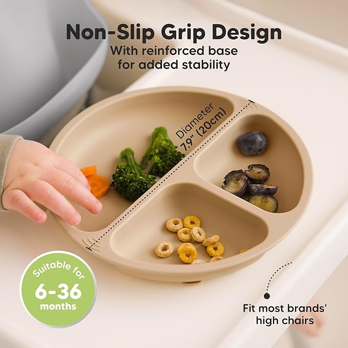 KeaBabies Suction Plates with Lids for Baby - 3-Pack 100% Silicone Toddler Plates with Suction, Divided, BPA-Free Baby Led Weaning Essentials for Kids, Dishwasher, Microwave Safe, Durable (Burgundy)