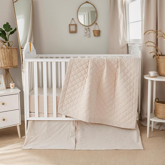 Brandream 3 Pieces Crib Bedding Set for Girls or Boys Quilt,Crib Sheet,Dust Ruffle Skirt, 100% Washed Cotton Like Linen Supersoft Farmhouse Chic Boho Beige Classic Quilted Plaid Design