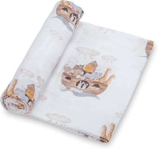 LollyBanks Muslin Swaddle Blanket | 100% Muslin Cotton | Gender Neutral Newborn and Baby Nursery Essentials for Girls and Boys, Registry | Noah's Ark Print