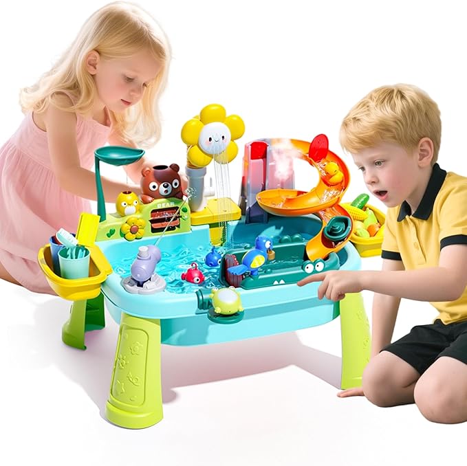 2026 Upgraded Toddler Sand Water Table Toy with Electric Water Pump, Kids Sand Water with Faucet/Play Food Accessories/Fishing Toy, Kitchen Play Sink Toys for Girl Boy Age 3+