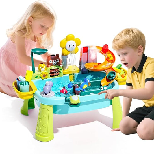 2026 Upgraded Toddler Sand Water Table Toy with Electric Water Pump, Kids Sand Water with Faucet/Play Food Accessories/Fishing Toy, Kitchen Play Sink Toys for Girl Boy Age 3+