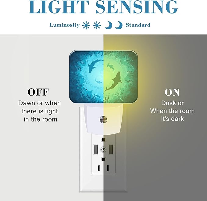 Sharks Vortex Under The Sea Night Light for Kids Girls Boys, Shark LED Night Light Plug into Wall with Dusk to Dawn Sensor for Bedroom, Hallway, Kitchen, Bathroom, Stairs Decor