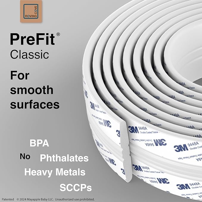 Roving Cove PreFit (Classic) Furniture Edge Corner Protector (Standard 15ft Edge 4 Corners), Baby Proofing Bumper Guards, Oyster White (Off White), Pre-Taped, for Straight Smooth Surfaces