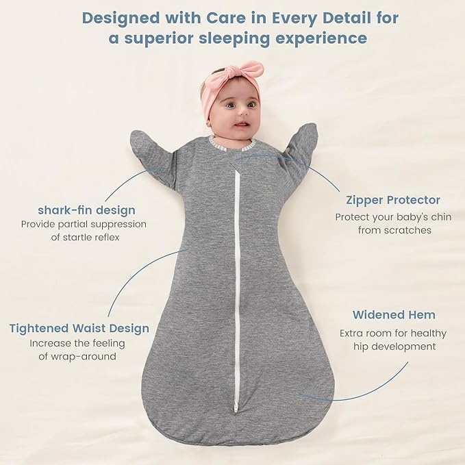 ZIGJOY Shark-Fin Transition Swaddle - 2.5 Tog Rayon Made from Bamboo Sleep Sack Transitional Swaddle Sack Baby Wearable Blanket, Grey, 6-12 Months