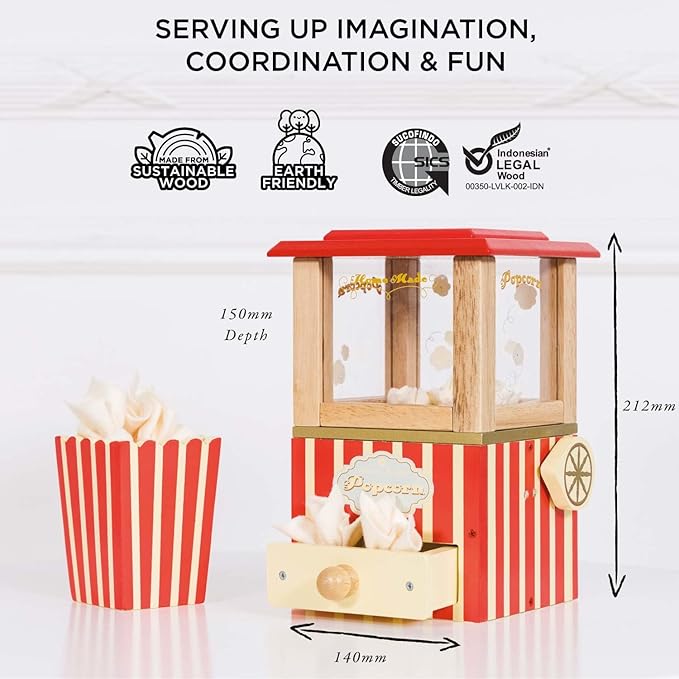 Le Toy Van - Wooden Honeybake Retro Popcorn Machine | Cinema, Kitchen Or Movies Pretend Play | Movie Night Role Kids Play Toy