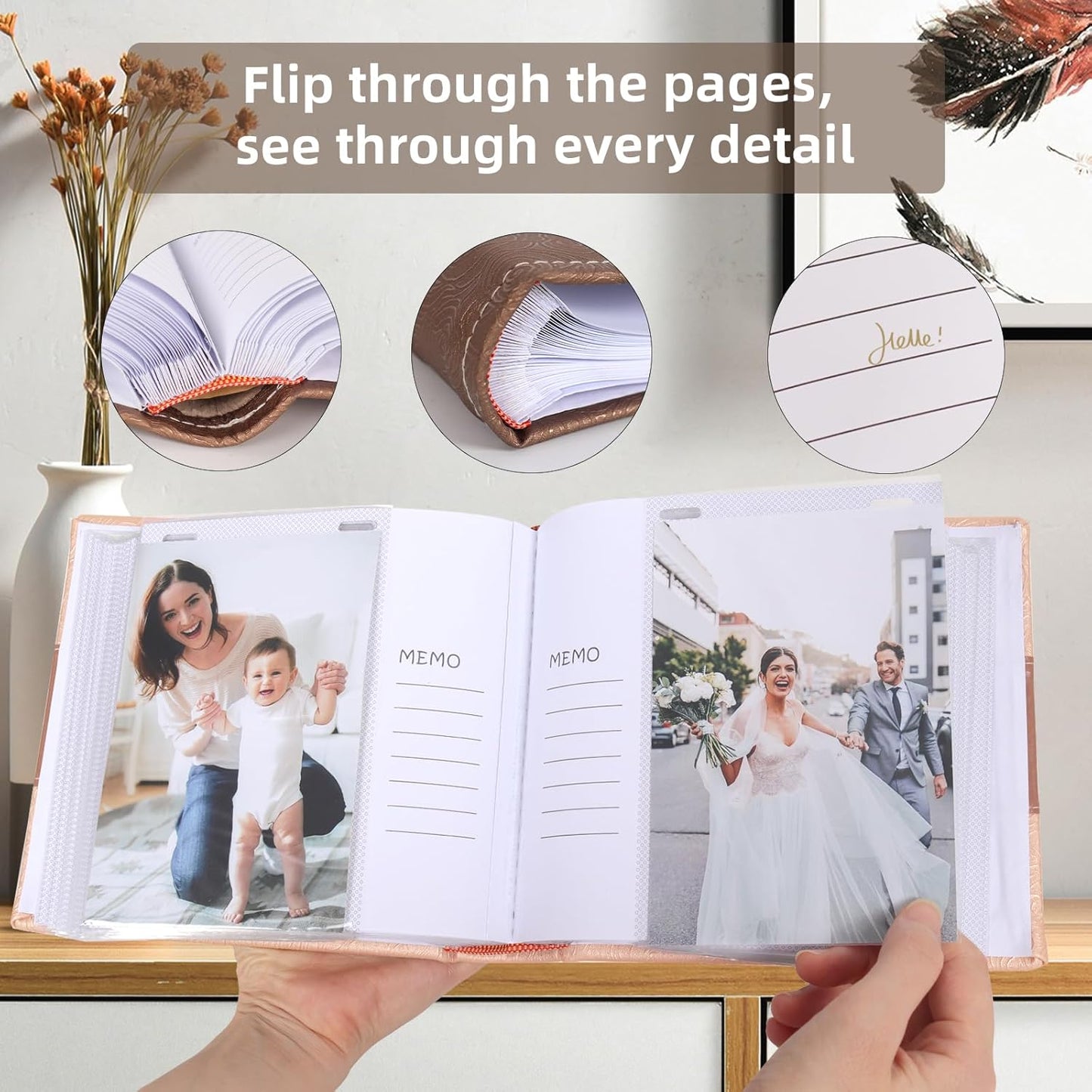RECUTMS Photo Album 4x6 with Writing Space 100 Photos Photo Book, Leather Cover Picture Album with Memo Areas for Wedding Anniversary Family Baby Couple Valentines Graduation Travel (Light Coffee)