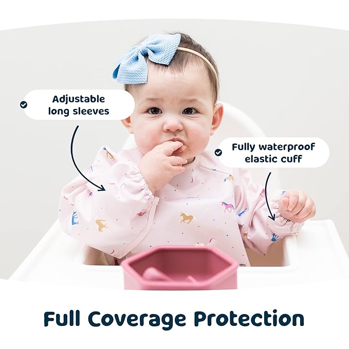Tiny Twinkle Long Sleeve Bib for Babies & Toddlers – Waterproof Smock Bib for Eating – Machine Washable & Mess-Proof, Baby Feeding Essential & Shower Must-Have(Unicorn Confetti, 2-4Y)