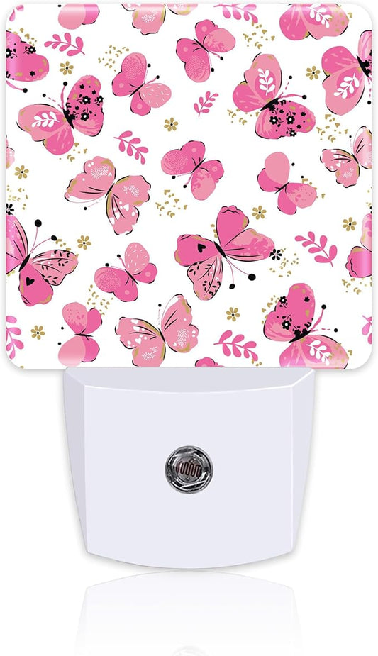 Cute Girl Butterfly Night Light, Watercolor Pink Butterflies Floral Dusk to Dawn Night Light Plug in,0.5w Energy Saving Sleep Friendly NightLight for Kids Boys Girls Home Decor