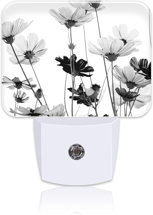 Black and White Daisy Plug in Night Lights, Daisy Flowers Nightlight Plug Into Wall Dusk to Dawn Sensor for Kid Girls Boys Women Men Room, Hallway, Kitchen, Bathroom, Stairs Decor