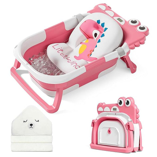 MoreFeel Collapsible Baby Bathtub for Newborn with Thermometer & 1 Hooded Towel & 1 Soft Floating Cushion,Portable Travel Bathtub with Drain Hole, Durable Foldable Baby Tubs for Infants to Toddler