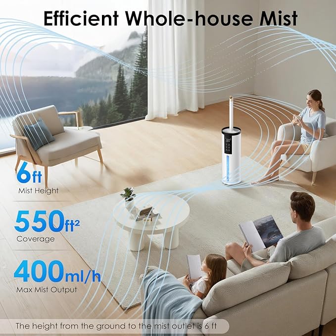 Humidifiers for Large Room 550 ft² - GloryAir 8L Cool Mist Humidifier for Bedroom Home Plants Baby, Top Fill, 120H Runtime, 4 Mist Spray Levels, 7-Color Light, 35dB Quiet Humidifier