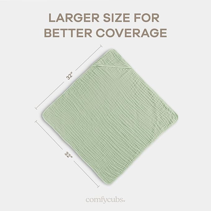 Comfy Cubs Hooded Baby Towel 1-Pack, Large 32 x 32 Inch - 6 Layer 100% Muslin Cotton for Babies, Toddlers and Kids - Soft & Absorbent Baby Bath Towels - Unisex Design for Bath Time - Sage