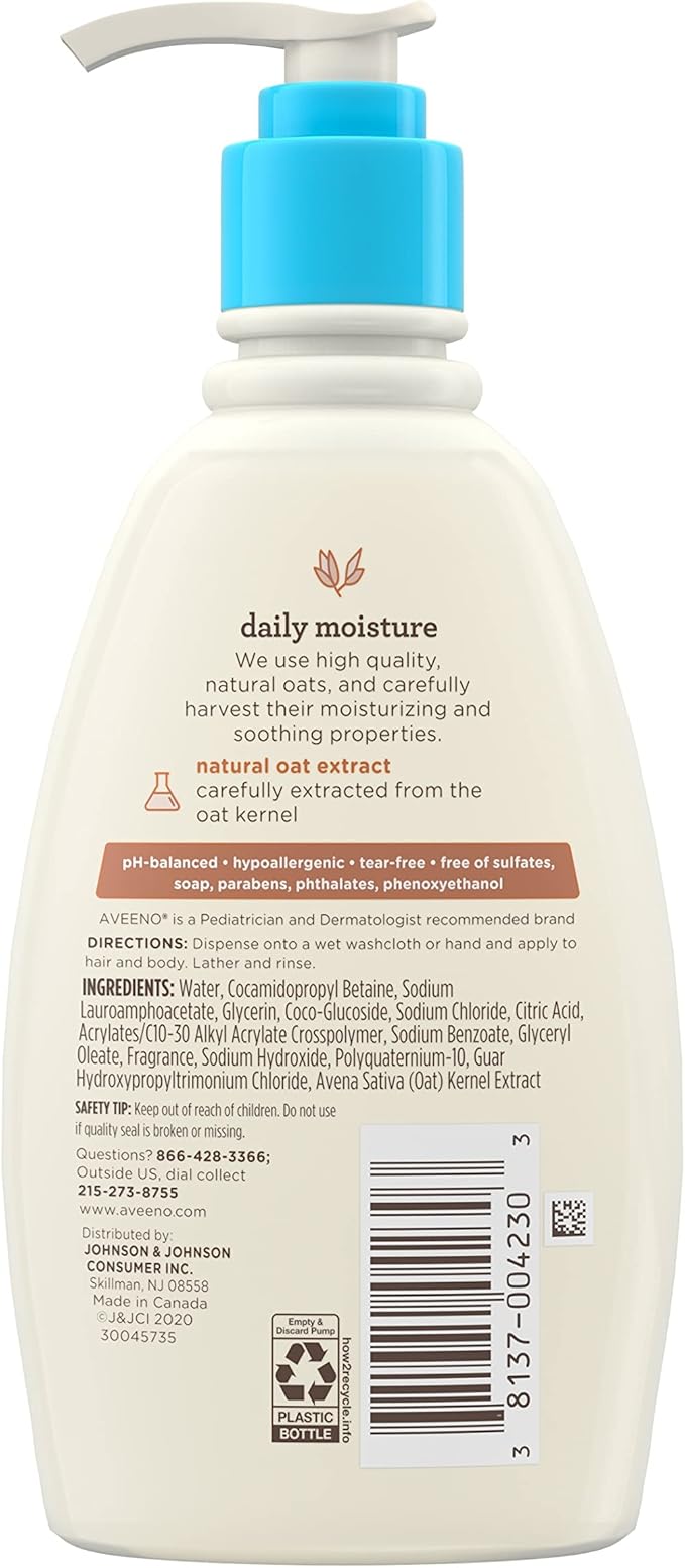 Aveeno Baby Daily Moisture Gentle Body Wash & Shampoo with Oat Extract, 2-in-1 Baby Bath Wash & Hair Shampoo, Tear- & Paraben-Free for Hair & Sensitive Skin, Lightly Scented, 12 fl. oz