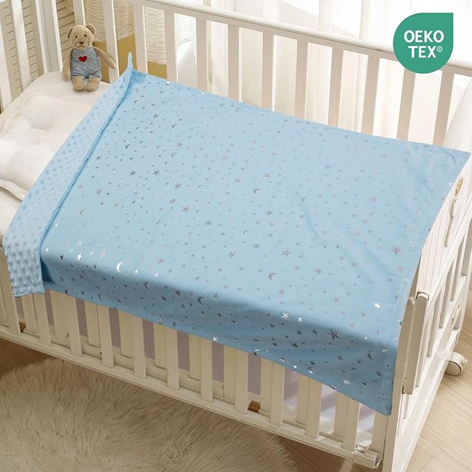 Baby Blanket for Boys Girls Soft Minky with Double Layer Dotted Backing, Star and Moon Printed 30 x 40 Inch Receiving Blanket (Blue)