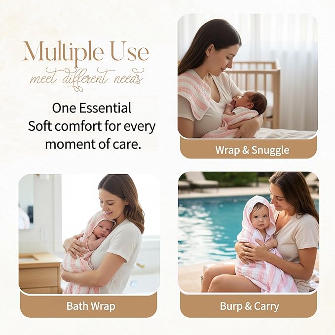 Muslin Hooded Baby Towel 4 Pack, Preuim Muslin 6 Layers Natural Cotton Baby Bath Towels, Soft and Comfortable for Boys,Girls (32x32,Pink Striped and White)