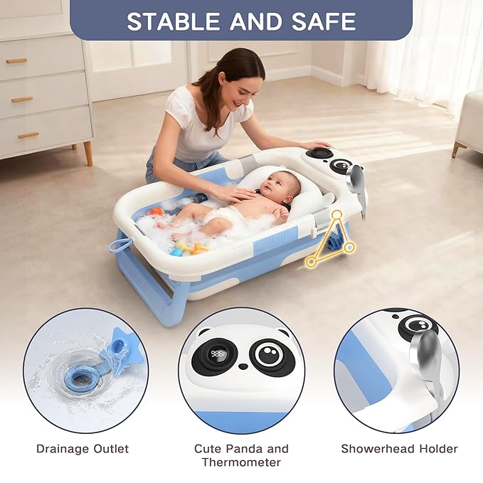 Collapsible Baby Bathtub for Newborn, Baby Bath Tub with Thermometer & Soft Floating Cushion & Drain Hole for Infant to Toddler, Portable Travel Bathtub with No-Slip Feet for 0-36 Months-Blue