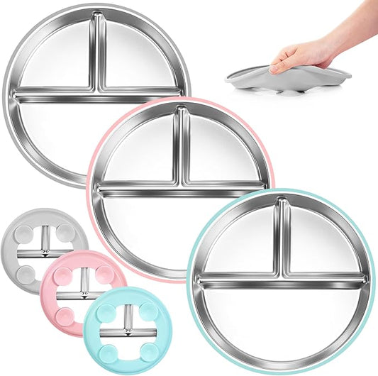 Bella's Friends Stainless Steel Toddler Plates Silicone Suction,3 Packs Non-Slip Baby Plates,Divided Portion,Food-Grade Silicone Plate for Kids,LEAD-FREE Dishwasher Safe,Grey Green Pink