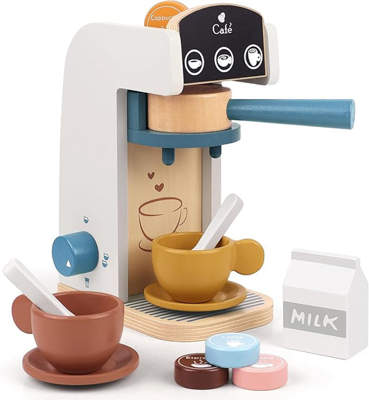 PairPear Wooden “Drop-Pod” Coffee Maker Toy， 13 Pieces Espresso Machine Playset, Barista & Cappuccino Pretend Play Kitchen Accessories Gift for Girls and Boys Age 3+