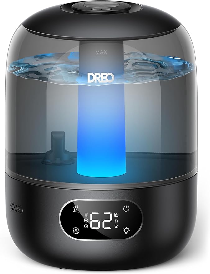 Dreo Humidifiers for Bedroom, 3L Top Fill 30H & 26dB Quiet Runtime for Large Room, Cool Mist Ultrasonic Humidifier with Humidity Sensor, Night Light for Home, Baby, Nursery, Plants, 360° Nozzle, Black