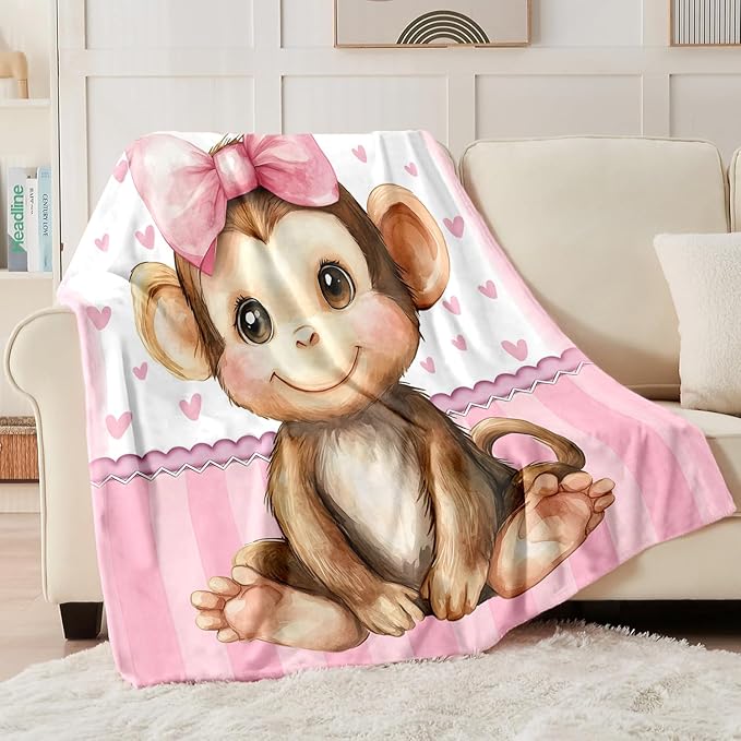 Personalized Baby Blanket for Girls, Custom Baby Blanket with Name, Soft Cozy Personalized Name Blankets for Kids, Customized Monkey Blanket for Infant Toddler Birthday Christmas