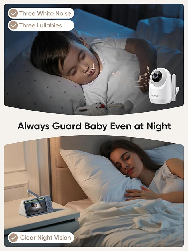 bonoch Add-on Baby Camera Unit for BBM14/BBM16 Only, 1440p HD Video Baby Monitor Camera No WiFi, Split-Screen, Night Vision, 4X Zoom, 2-Way Audio, White Noise, 3Lullabies, Incompatible with Phone