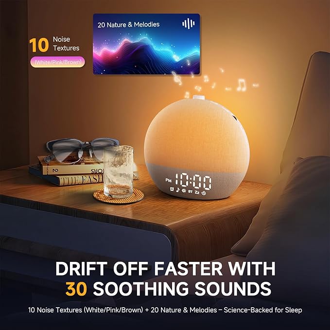 Sunrise Alarm Clock White Noise Sound Machine for Bedroom | Natural Wake-Up Light with 30 Soothing Sleep Aids, Bluetooth Speaker, Dimmable Clock, Screen-Free Design for Baby Adults Kids-White