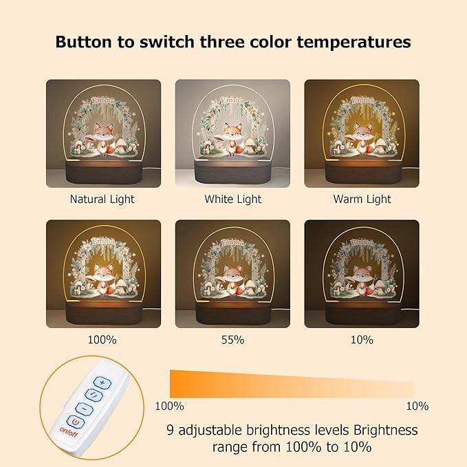 callie Acrylic Night Light Name Plate Personalized, Custom Cute Animal Dog Cat with Wooden Base Bedroom Decor, Birthday Gifts Kid Gifts for Family (Forest Animal)