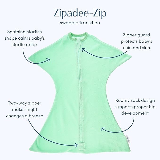 SleepingBaby Zipadee-Zip Transition Swaddle - Cozy Fleece Wearable Blanket with Two-Way Zipper for Baby Sleep - Mint, Medium (6-12 Month)