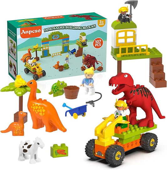 Building Blocks for Toddlers 3-5, Dinosaur Toys- Dinosaurs, Car, Build, Learn and Play, Educational Interactive Creative DIY Toy Compatible with All Major Brands, Gift for Kids Boys Girls