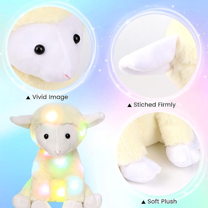 Hopearl LED Plush Lamb Lighting Up Stuffed Sheep Floppy Night Lights Glow in The Dark Birthday Festival for Kids Toddlers, Beige, 11''