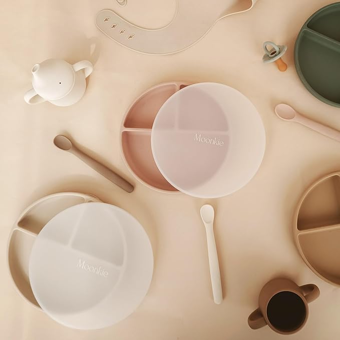 Moonkie Suction Plates for Baby | 100% Silicone BPA-Free Baby Plates with Lids and Food Cover | Divided Design | Microwave and Dishwasher Safe | Toddler Plates 3 Pack