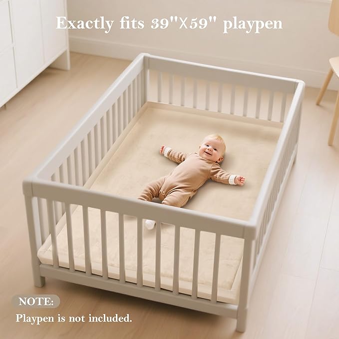 Baby Play Mat for Floor, 1.3" Thick Memory Foam Muscle Playpen Cushion, Soft Coral Velvet Tummy Time Mat with Non-Slip Backing, Water Repellent Child Nursery Rug for Toddlers, Kids (Beige, 39X59)