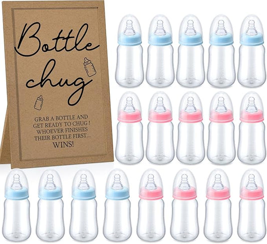 Roowest Bottle Chug Baby Shower Game Favors Including Kraft Theme Wooden Sign and 18 Pcs Baby Bottles for Gender Reveal Party Supplies