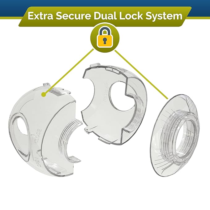 Child Safety Door Knob Cover (4 Pack) Hard-to-Remove Dual-Lock Door Handle Covers for Kids - Reusable Baby Proof Door Knob Locks - Installs Easily, No Tools Needed (Transparent)