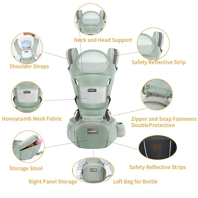 KIYUMI Baby Carrier with Hip Seat, 6- in-1 Baby Carrier Newborn to Toddler, Ergonomic M Position with Head Support and Breathable Mesh,Adjustable Removable Baby Sling Carrier (7-45 lbs) BXLU