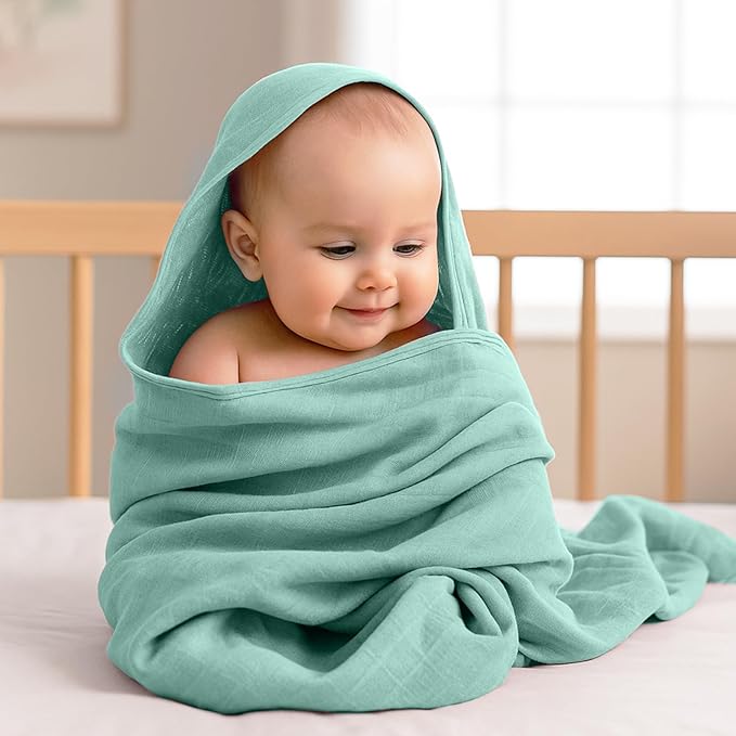Preboun 6 Pcs Muslin Hooded Baby Towels and Washcloths 32"x 32" Cotton Newborn Bath Towel Anti-Shrink Infant Baby Blankets with Hood 12"x 12" Washcloths for Girl Boy Toddler(Light Blue,Light Green)