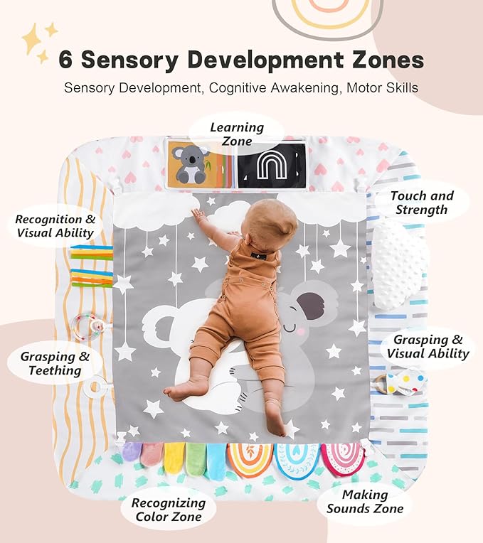 Baby Play Mat Activity Gym with Tummy Time Pillow, 6 Developmental Zones Tummy Time Mat, 6 Detachable Sensory Toys and Educational Cards, Essential Baby Shower Set, Grey Koala