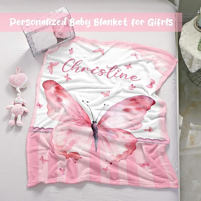 Personalized Baby Blanket for Girls, Custom Baby Blanket with Name, Soft Cozy Personalized Name Blankets for Kids, Customized Butterfly Blankets for Infant Toddler Birthday Christmas