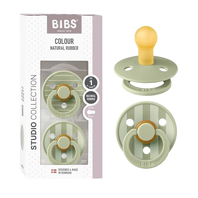 BIBS Pacifiers - Studio 2 Pack | Round Nipple Baby Pacifier | BPA Free Natural Rubber Latex Soother | Made in Denmark | Size 0+ Months | Pin Sage