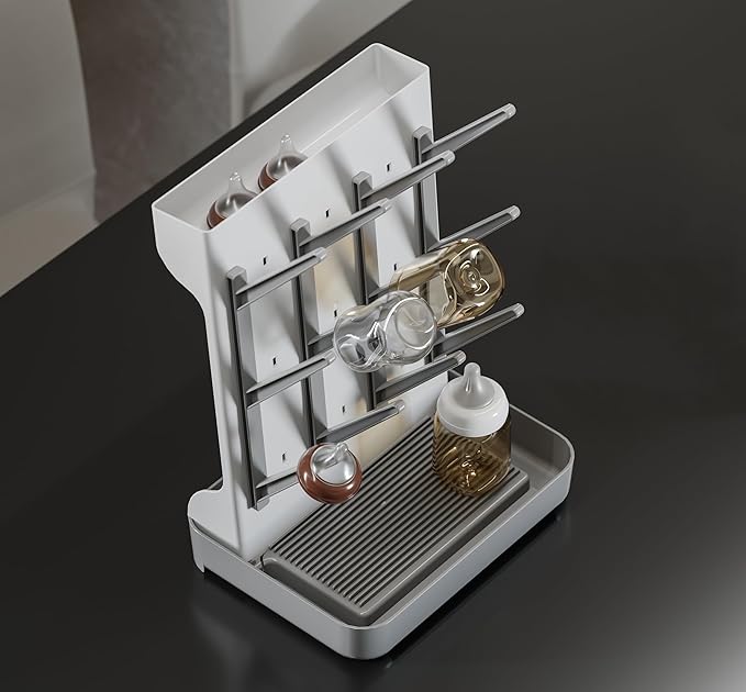 IEEK Baby Bottle Drying Rack,Large Vertical Drying Tower Bottle Rack Holder Space Saving Standing Drying Rack for Countertop-Holds 12 Baby Bottles and Cup,Etachable Travel Bottle Rack,Grey and White