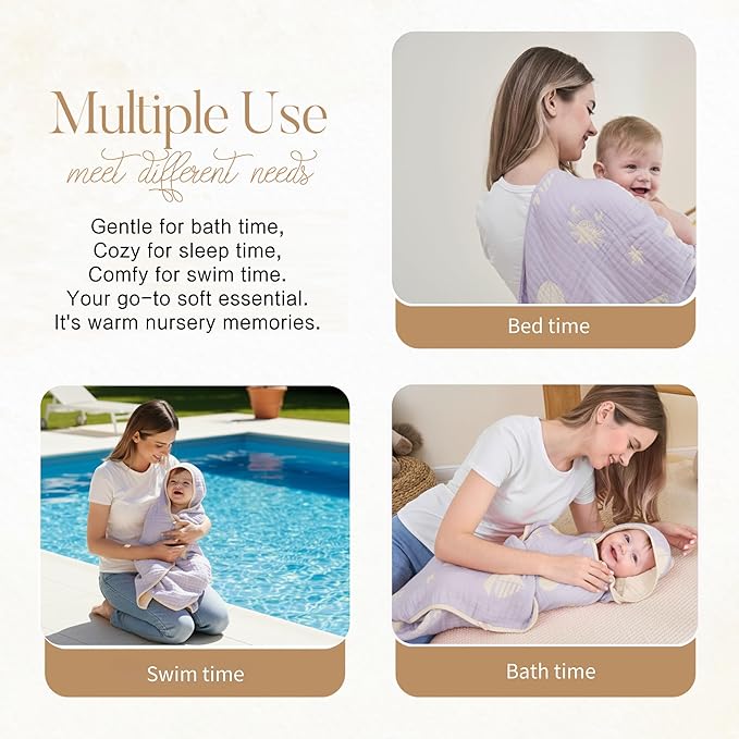 Ultra-Soft Muslin Baby Hooded Towel - 32 x 32 Inches, Crafted from Bamboo Viscose, Ideal for Bath & Beach, Suitable for Both Boys & Girls from Newborns to Toddlers