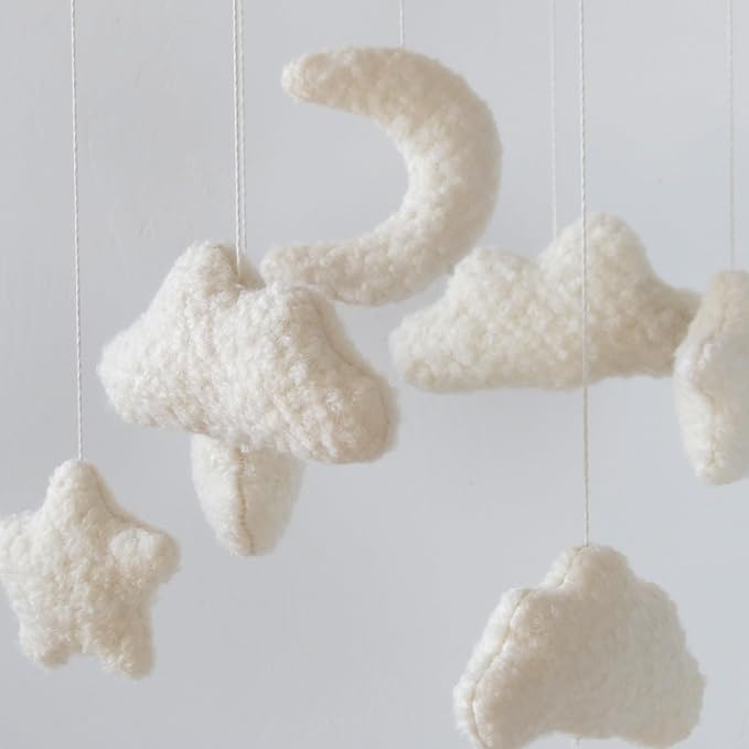 Cloud Crib Mobile Baby Mobile for Crib Neutral Boho Moon and Clouds Mobile Neutral Nursery Décor Boucle Mobile