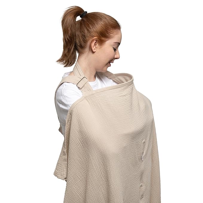 Nilsa 5-in-1 Muslin Nursing Cover up for Breastfeeding & Baby Car Seat Cover - Breathable Breastfeeding Cover With Rigid Hoop - 100% Cotton Privacy Apron Breast Feeding Covers For Women (Ecru)