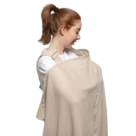 Nilsa 5-in-1 Muslin Nursing Cover up for Breastfeeding & Baby Car Seat Cover - Breathable Breastfeeding Cover With Rigid Hoop - 100% Cotton Privacy Apron Breast Feeding Covers For Women (Ecru)